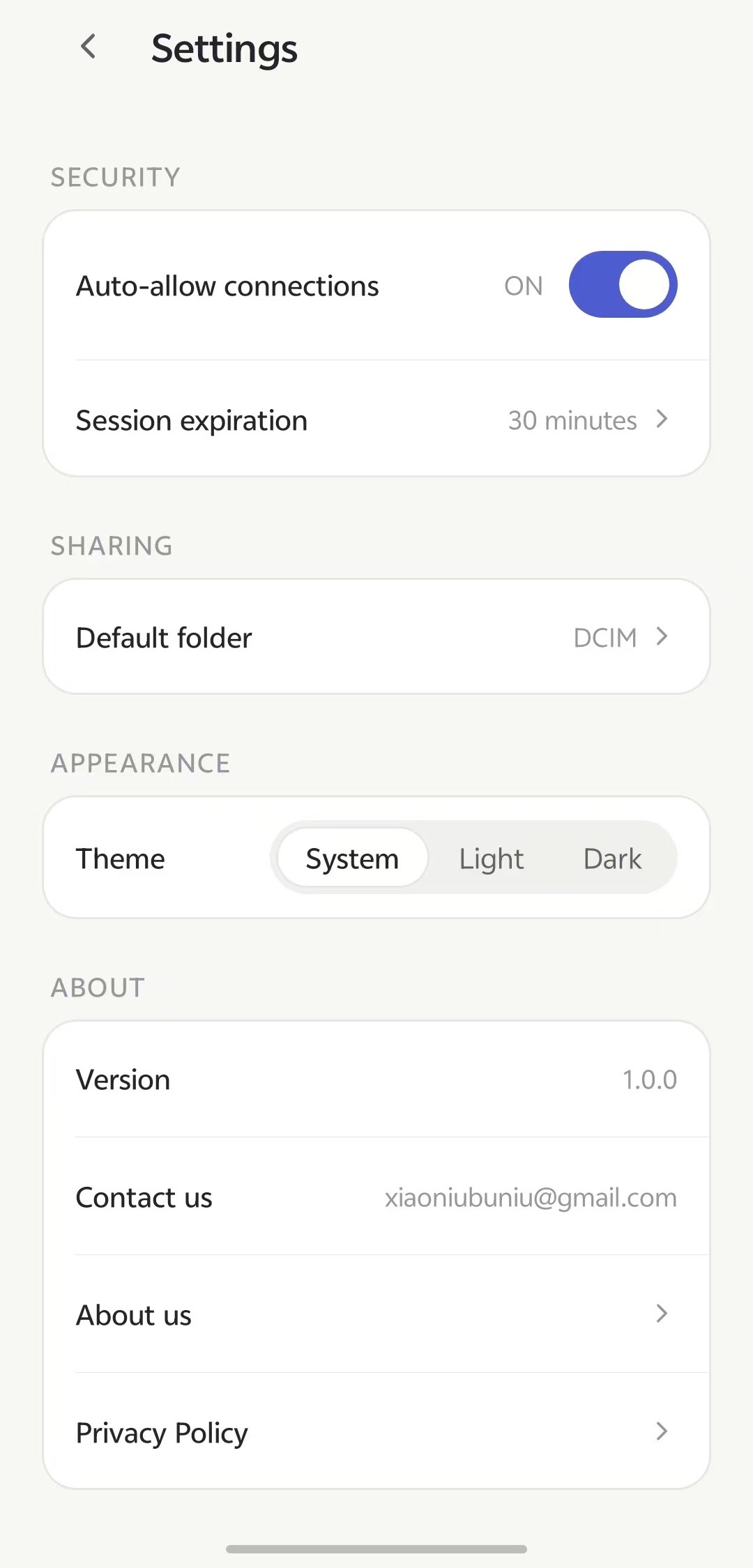 BrowserDrop settings screen: security, session expiration, theme and about sections