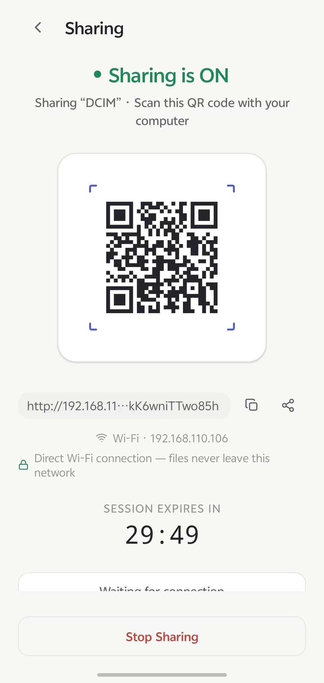 BrowserDrop sharing screen: QR code, local URL, Wi-Fi address, session countdown at 29:49, Stop Sharing button