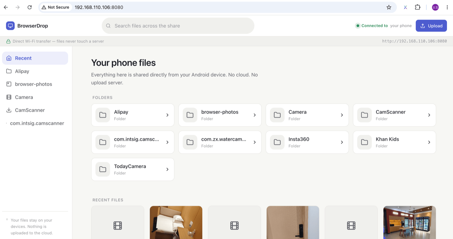 BrowserDrop open in a desktop browser: sidebar of shared folders and a grid of recent files